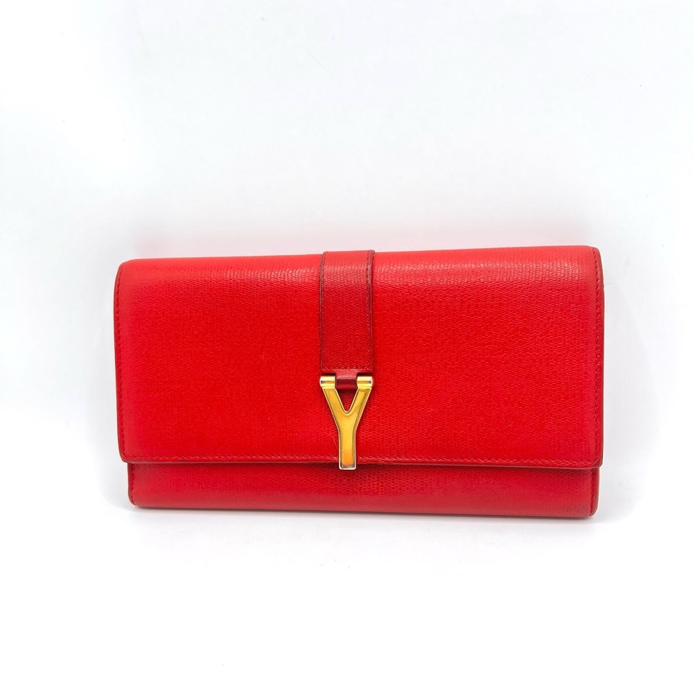 Authentic YSL Yves Saint Laurent Red Leather Classic Y-Ligne Wallet W/ Care Card